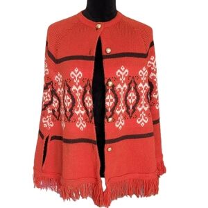 Vintage 1960's Kingsley Acrylic Hand Knitted Orangr Sweater Fringe Cape OS